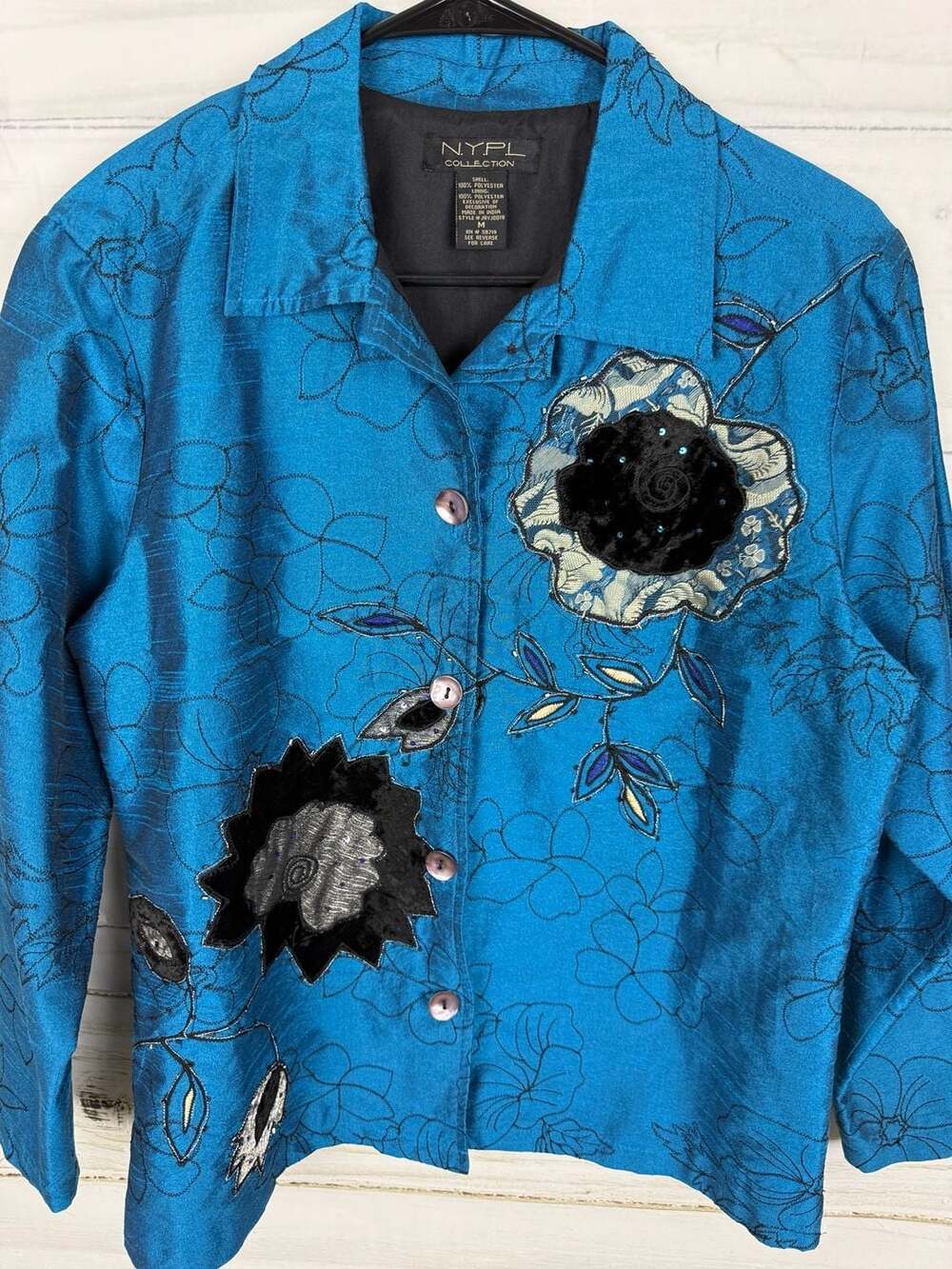 NYPL Collection Size M Blue Floral Embroidered Button Down Jacket - Picture 3 of 6